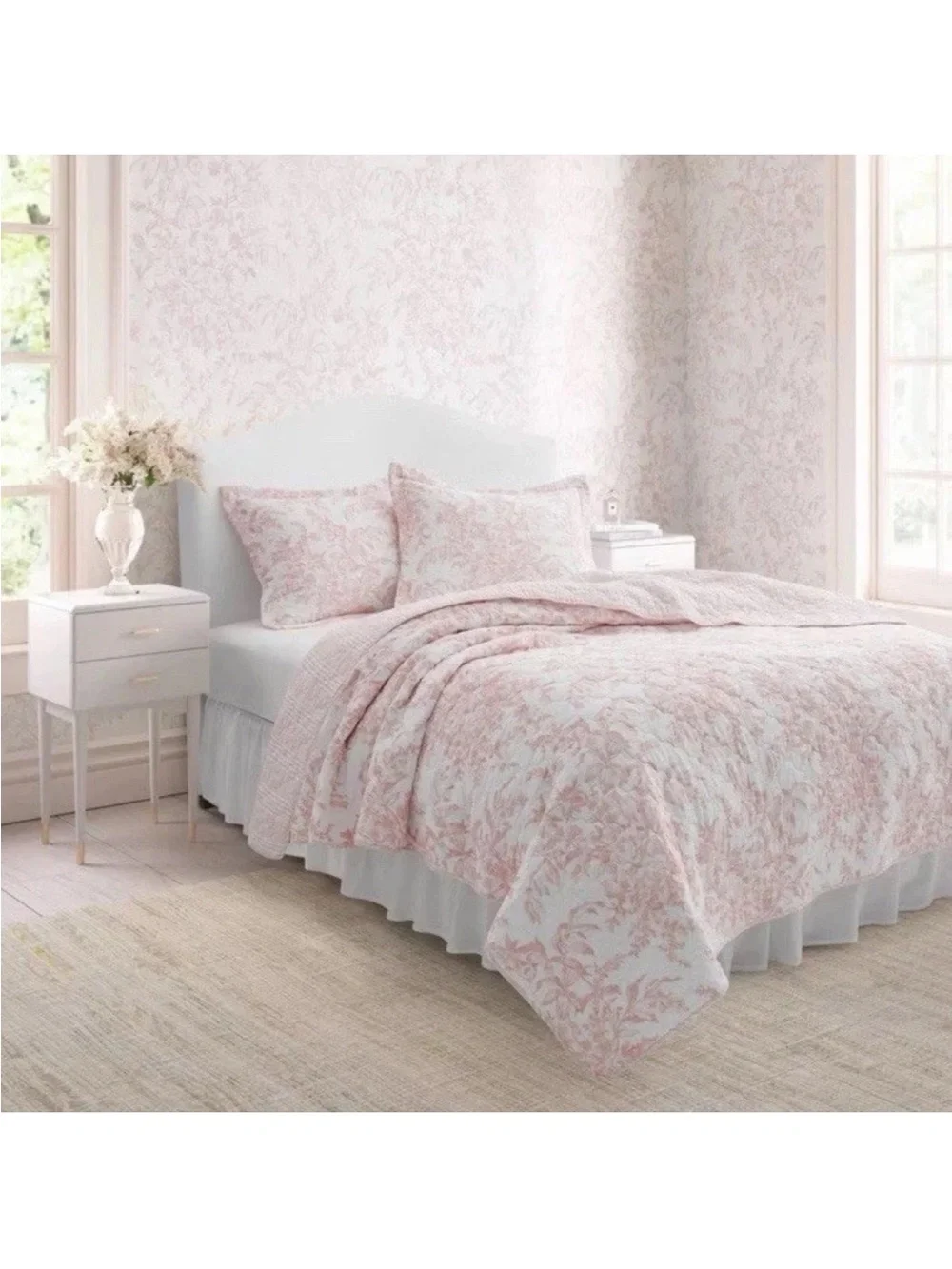 Laura Ashley Twin Pink Bedford Cotton 2Pc Quilt Set Reversible Floral NEW